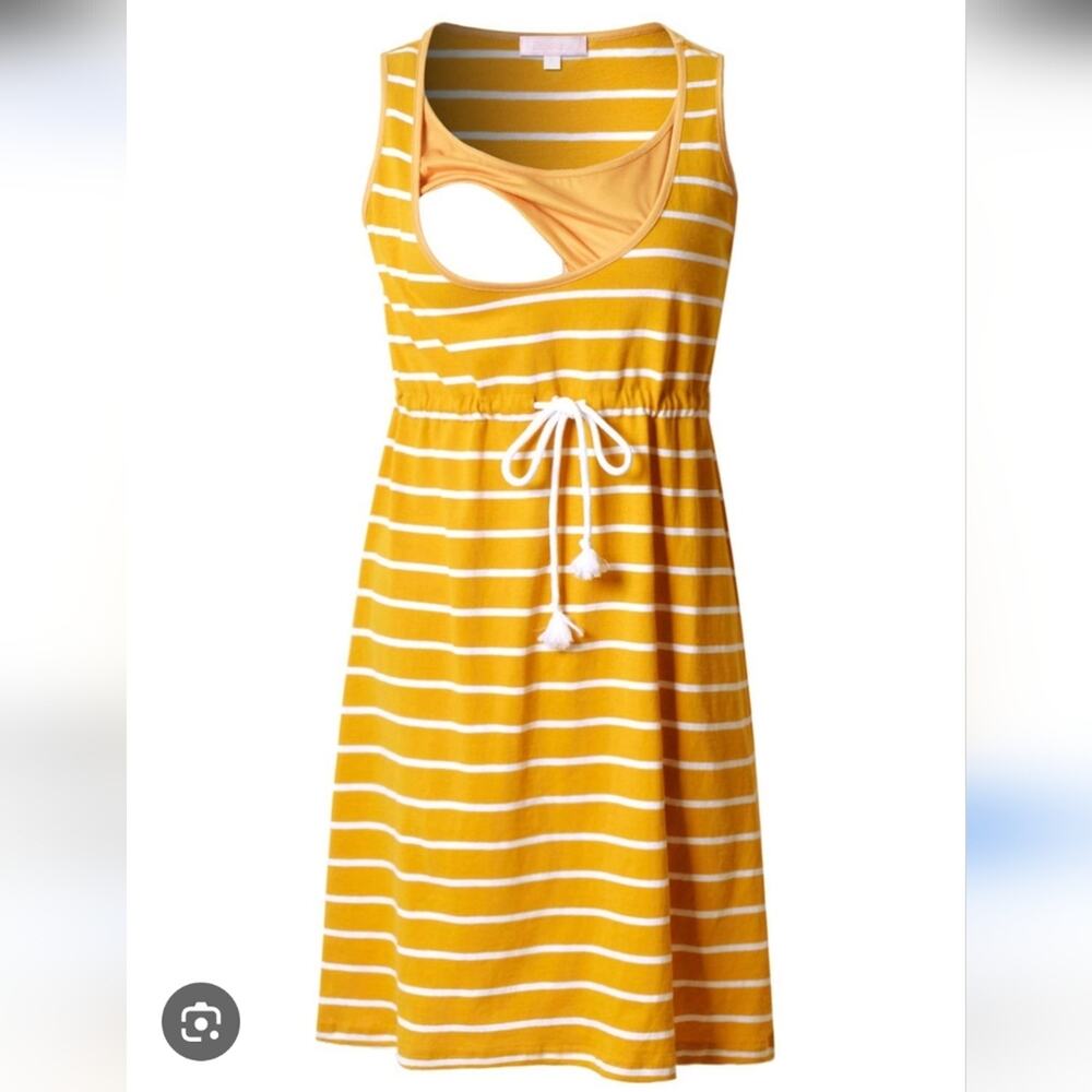 Bhome Sleeveless Nursing Tank Dress Tie To Cinch Mustard Yellow Striped